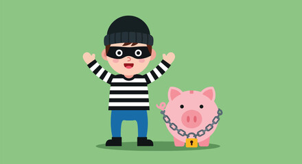 Cartoon Thief with Striped Shirt and Piggy Bank Secured by Chain.
