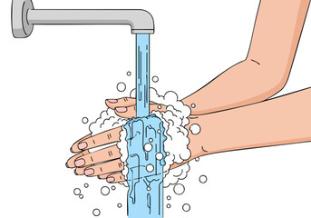 A person washes hands under a running faucet with soap, demonstrating proper hygiene. Clean, bright, and informative illustration. Ideal for health and wellness campaigns.
