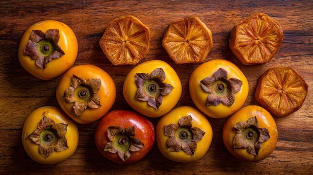 Ripe and dried persimmon fruits on a dark wooden background, showing healthy autumn harvest and food ingredients