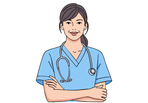 A professional Asian nurse, smiling and listening attentively, with crossed arms and a stethoscope.  ?Nurse Listen Heart? ? a compassionate healthcare image.