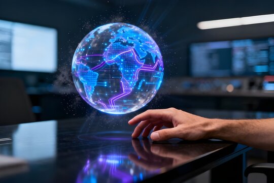 A human hand interacts with a holographic glowing globe depicting a global digital network in a futuristic control room.