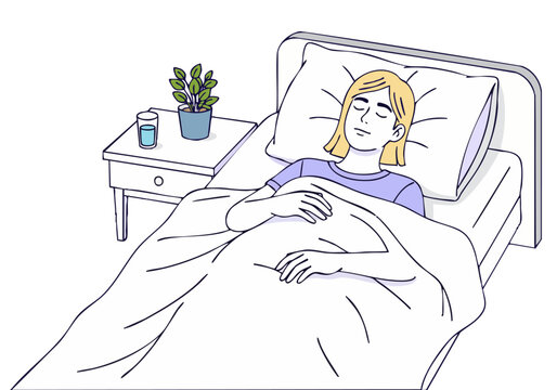 serene woman rests peacefully in bed promoting rest and healing Soft colors and a calming composition evoke feelings of strength and recovery Ideal for wellness and self-care themes