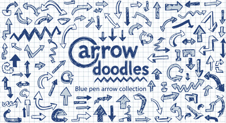 Obraz premium Mega Set of Hand Drawn Blue Pen Arrow Doodles Collection on Graph Paper Background Vector. isolated PNG with Transparent Background