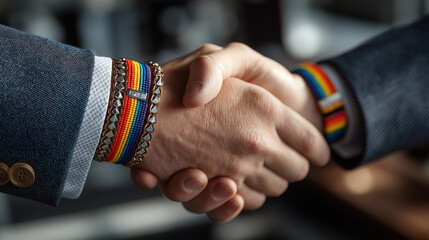 Business handshake in office showing two professionals with rainbow pride bracelets on wrists