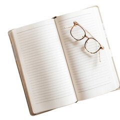Fototapeta premium Open notebook with lined pages and eyeglasses perfect for planning journaling or note-taking isolated on white