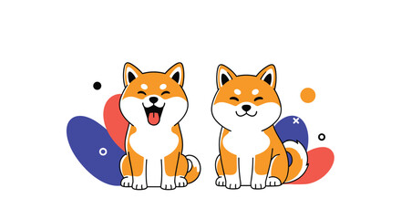 Two adorable shiba inu puppies sitting together with happy expressions against a white background with abstract shapes.