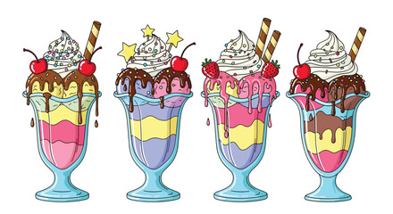 Colorful Cartoon Ice Cream Sundaes with Whipped Cream Cherries and Chocolate Syrup.