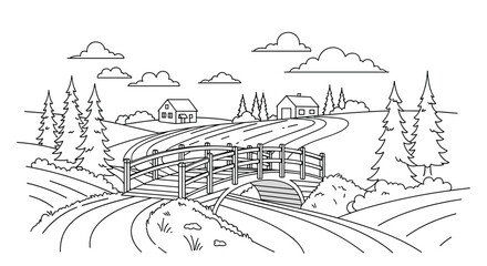 Black and white line art illustration of a peaceful rural landscape with a bridge for a children's coloring book page.