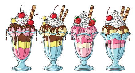 Colorful Sundaes with Whipped Cream Cherries and Wafers.