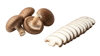 Fresh shiitake mushrooms whole and sliced ready for gourmet cooking