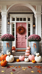 Charming Fall Porch with Pink Door and Stacked Pumpkins