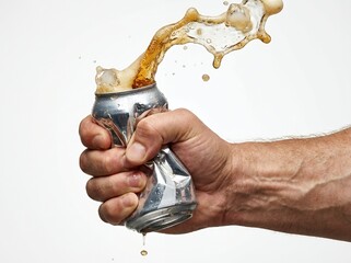 Hand crushing silver soda can with drink splashing on white background
