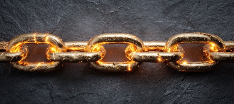 Gilded Chain of Strength: A close-up shot of a radiant gold chain, its links aglow against a textured dark background, symbolizing power, unity, and unbreakable bonds.