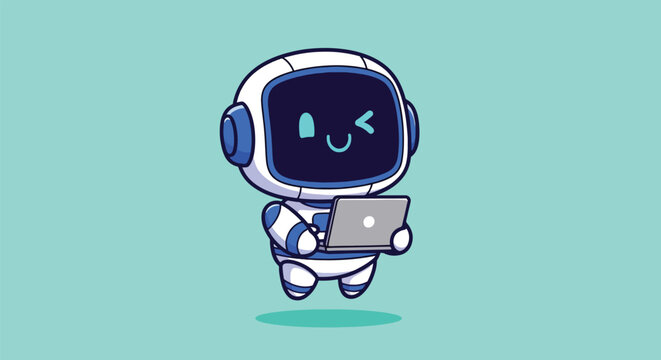 Cute winking cartoon robot character floating and holding a laptop computer.