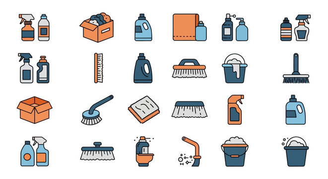 Essential household cleaning supplies and tools vector icon set for home maintenance, sanitation, and organized hygiene tasks