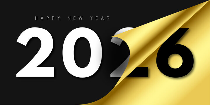 2026 Happy New Year Banner - Elegant Gold Page Turning Calendar Flip &ndash; Festive Holiday Celebration Background, Greeting Card Design, Vector Illustration for Party, Event, and Seasonal Graphics