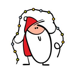 Cartoon character, funny Santa Claus is entangled in a Christmas garland of lights. Vector illustration of stickman playing with decorations on a Christmas tree. New Year's Eve celebration, good mood.