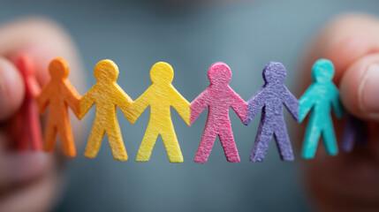 Colorful paper people chain in hands showing diversity inclusion equality and collaboration