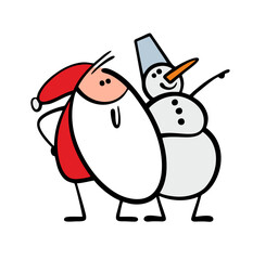 Naklejka premium Two friends snowman and Santa Claus are looking into the distance. Vector illustration of fairy-tale characters, cartoon elements of Christmas and New Year. Winter entertainment.