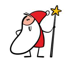 Winter wizard, Santa Claus with a staff creates magic. Vector illustration of Merry Christmas and happy new year card.