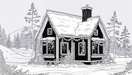 Fototapeta premium Winter House with Garlands Coloring Page
