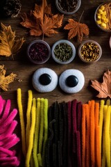Craft Supplies with Autumn Leaves and Eyes