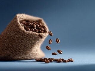 coffee beans spilling from burlap sack with rustic props, dynamic perspective, cool futuristic blues, editorial style, golden hour tone, clean background for typography, brand-safe, no logos