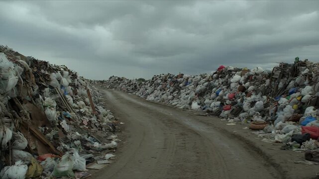 Massive garbage dump with mountains of waste under a cloudy sky for environmental pollution concept and global waste crisis