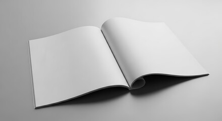 Open blank white magazine or book template with empty pages, ready for custom content and design, on a clean light grey background