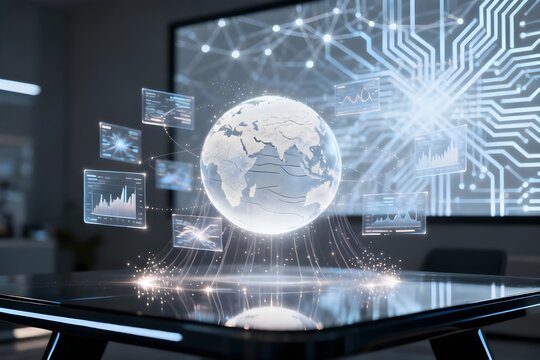 Futuristic holographic Earth globe displaying global data and interconnected digital networks on a modern table.