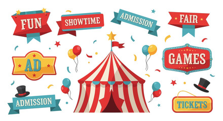 Colorful Circus Elements Banners, Tent, and Balloons, Fun Fair Design for Advertisement