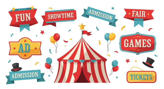 Colorful Circus Elements Banners, Tent, and Balloons, Fun Fair Design for Advertisement