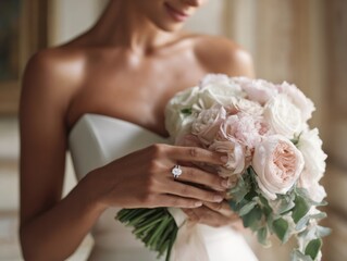 Bride Holding Pink Rose Bouquet Indoors