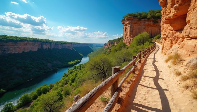 Hiking trail in scenic canyon with river valley below. Wooden walkway along cliff edge with railing. Green trees and bushes surround rocky terrain. Sunny day with blue sky and white clouds.