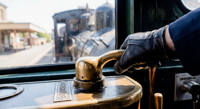 Train driver hand in leather glove holding brass lever steam locomotive cabin control interior vintage railway engineering travel transport mechanic industrial detail machine brake speed nostalgia 