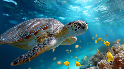 Obraz premium Sea turtle peacefully swimming alongside small fish in blue water, harmony of marine life, conservation feel, with copy space