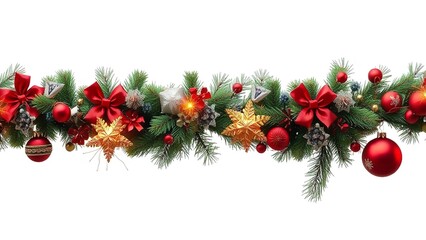 &ldquo;Elegant Christmas Garland with Pine Branches, Red Baubles, Silver Cones, and Festive Berries on a White Background&rdquo;