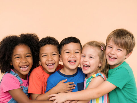 Diverse group of happy children hugging looking at camera smiling celebration international world children day multiethnic friendship togetherness school education classmates unity joy studio portrait