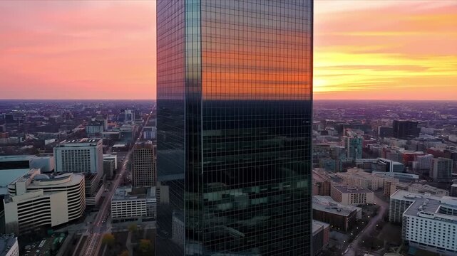 Modern glass skyscraper towering over an urban cityscape during a vibrant sunset for a business growth concept and impressive architecture