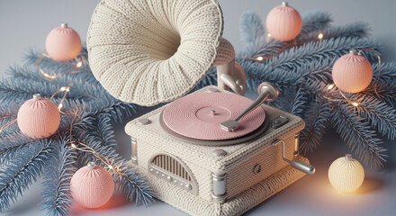 Vintage record player surrounded by Christmas ornaments on pine branches  