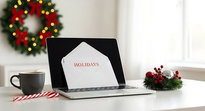 Laptop displaying a 'Holidays' message amidst festive Christmas decor and a cozy setting - Powered by Adobe