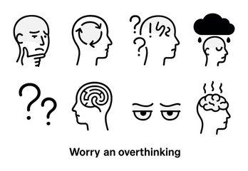 Icons depicting stress and overthinking with question marks and brain imagery