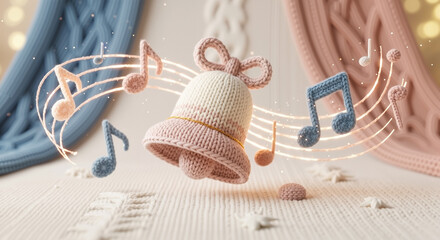 Knitted Christmas bell surrounded by musical notes in soft pastel colors  