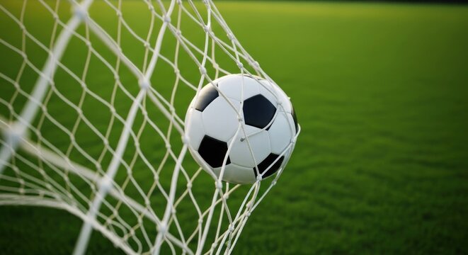 Black/white soccer ball in net, green field background, sunny day - Powered by Adobe