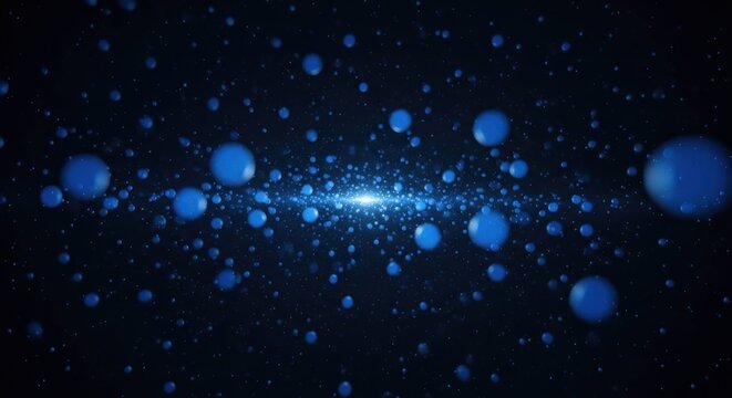 Blue spheres float and cluster toward a bright center point in darkness