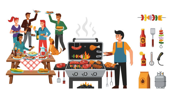 Vector illustration set for a barbecue party with happy friends grilling meat and enjoying a summer outdoor cookout celebration - Powered by Adobe