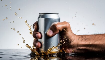 Hand holding silver soda can with liquid splash on reflective surface
