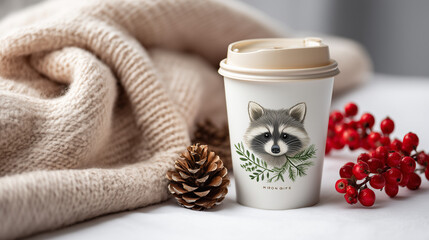 Hot beverage cup with raccoon illustration and cozy winter decor  
