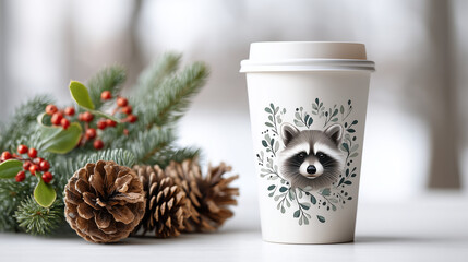 Coffee cup with raccoon illustration beside pine cones and greenery  