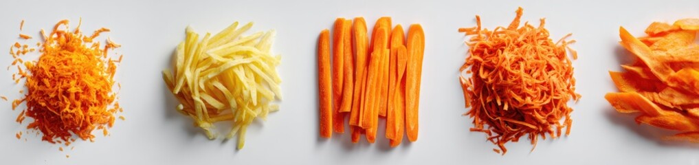 Various vegetables, shredded and sliced, displayed on a white surface